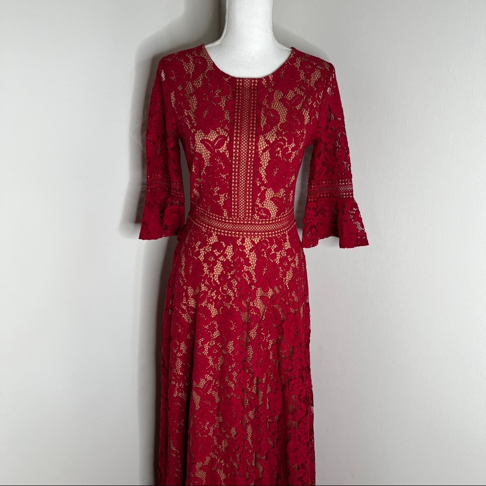 MISSMAY Full Lace Contrast Bell Sleeve Formal Long Dress Red Size S NWT - Picture 6 of 15